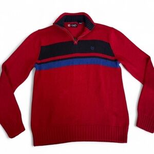 Chaps Men's Red Sweater with Black and Blue Stripes